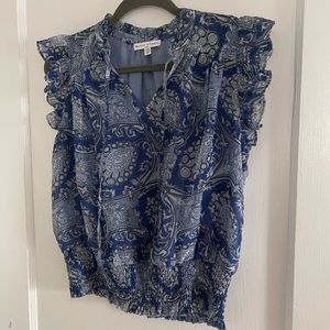 Blue Sleeveless Ruffled Wrap Blouse